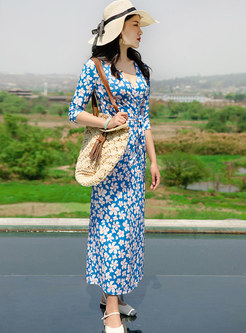 Blue V-neck 3/4 Sleeve Print Wrap Maxi Dress