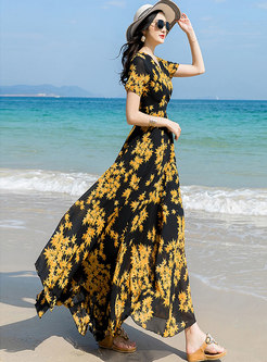 V-neck Floral Draped Beach Dress