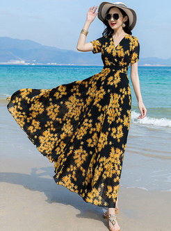 V-neck Floral Draped Beach Dress