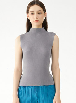 Turtleneck Sleeveless Solid Pullover T-shirt
