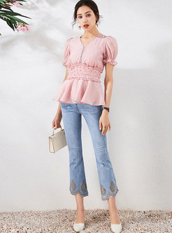 V-neck Puff Sleeve Blouse & High Waisted Flare Jeans