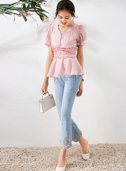V-neck Puff Sleeve Blouse & High Waisted Flare Jeans