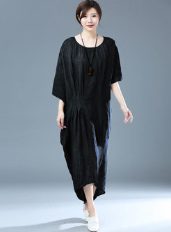 Plus Size 3/4 Sleeve Asymmetric Linen Shift Dress