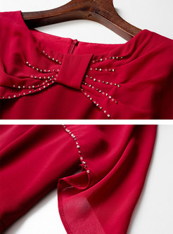 Wine Red Bowknot Beaded Peplum Cocktail Dress