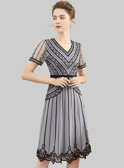 Grey V-neck Mesh Embroidered A Line Dress