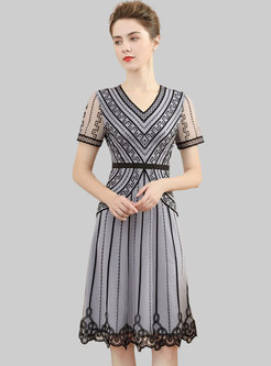 Grey V-neck Mesh Embroidered A Line Dress