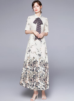 Turn-down Collar Stylish Print Wrap Maxi Dress