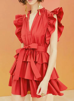 Red V-neck Lettuce Layer Mini Dress