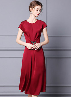 Wine Red Sequin Bowknot Cinched Waist Cocktail Dress