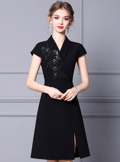 Black V-neck Sequin Embroidered Split A Line Dress