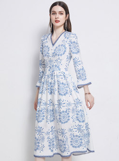 V-neck Flare Sleeve Blue Embroidered A Line Dress