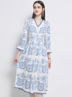V-neck Flare Sleeve Blue Embroidered A Line Dress