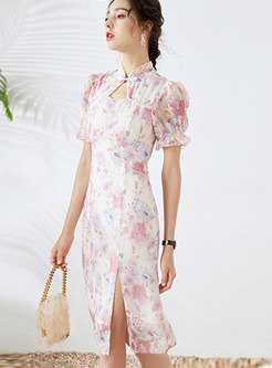 Mandarin Collar Print Pearl Embellished Bodycon Dress