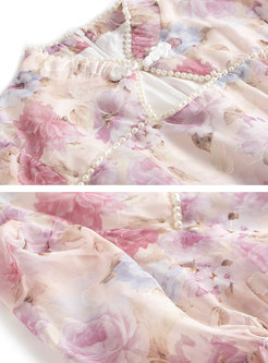 Mandarin Collar Print Pearl Embellished Bodycon Dress