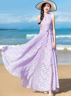Purple Halter Print Big Hem Chiffon Maxi Dress