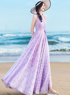 Purple Halter Print Big Hem Chiffon Maxi Dress