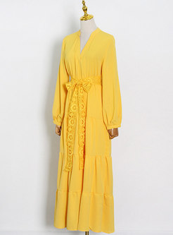 Yellow Long Sleeve Wrap Maxi Dress