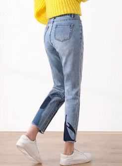 Blue High Waisted Embroidered Straight Jeans