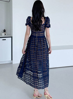 Square Neck Empire Waist Openwork Lace Maxi Dress
