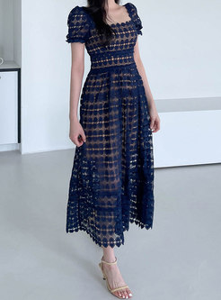 Square Neck Empire Waist Openwork Lace Maxi Dress