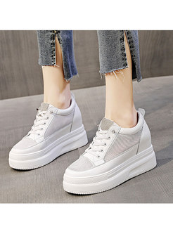 White Rounded Toe Openwork Platform Wedge Sneakers