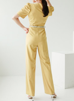 Yellow Puff Sleeve Double-breasted Straight Jumpsuits