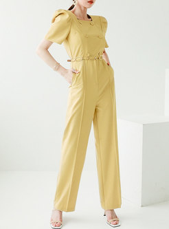 Yellow Puff Sleeve Double-breasted Straight Jumpsuits