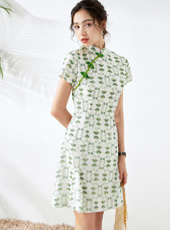 Retro Mandarin Collar Print A Line Cheongsam Dress