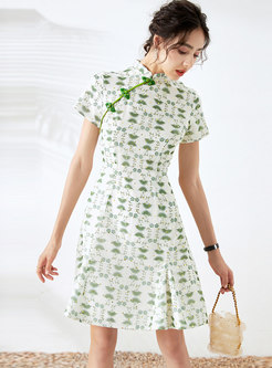 Retro Mandarin Collar Print A Line Cheongsam Dress