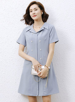 Blue Lapel Double-breasted Skater Dress