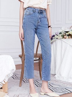High Waisted Split Capri Straight Jeans