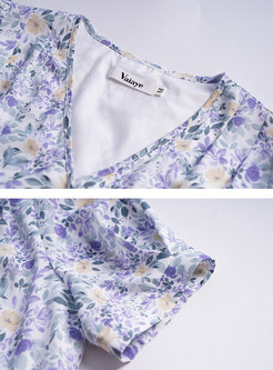 V-neck Short Sleeve A Line Floral Midi Dress