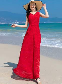 Red V-neck Sleeveless Chiffon Beach Maxi Dress
