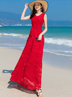 Red V-neck Sleeveless Chiffon Beach Maxi Dress