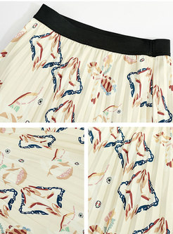 High Waisted Print Pleated Midi Skirt