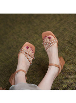 Brief Square Toe Pearl Block Heel Sandals