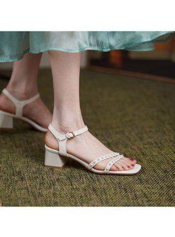 Brief Square Toe Pearl Block Heel Sandals