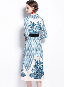 Turn-down Collar Striped Print Belted Midi Dress