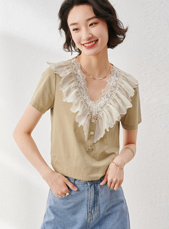 V-neck Lace Patchwork Ruffle Pullover T-shirt