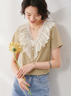 V-neck Lace Patchwork Ruffle Pullover T-shirt