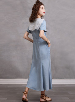 Retro Lace Patchwork V-neck Denim Maxi Dress