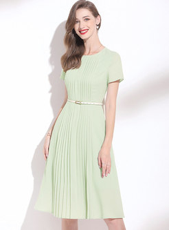 Solid Crew Neck A Line Pleated Chiffon Dress