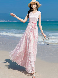 Pink V-neck Sleeveless Big Hem Chiffon Print Dress