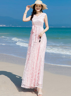 Pink V-neck Sleeveless Big Hem Chiffon Print Dress