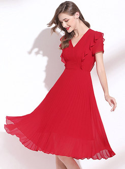 Red V-neck Ruffle Chiffon Pleated Dress