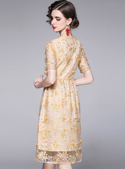 Elegant Square Neck Embroidered Mesh Yellow Dress