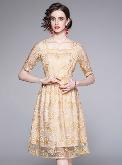 Elegant Square Neck Embroidered Mesh Yellow Dress