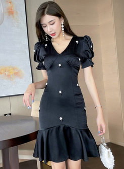 Sexy Black V-neck Beaded Peplum Dress