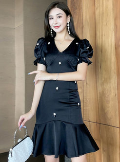 Sexy Black V-neck Beaded Peplum Dress