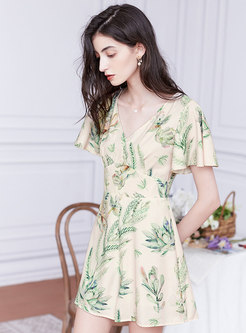 V-neck Ruffle Leaf Print Summer Dress